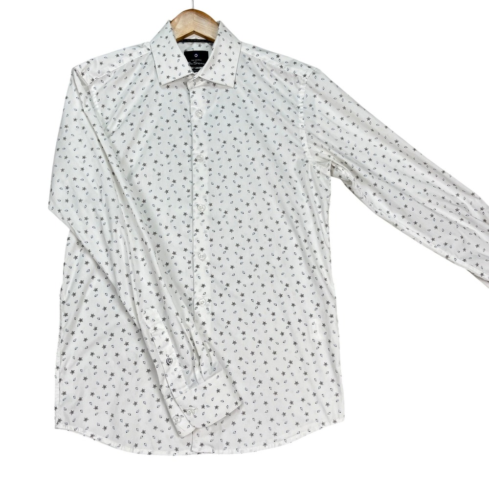 Ben Sherman Button Up Mens XS White Long Sleeve Micro Floral Print Stretch EUC